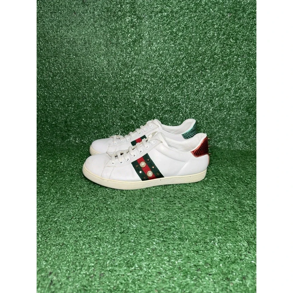 Gucci Ace Trainers Pearl Studded Web White Leather Shoes Womens Size 9 US 39 EU